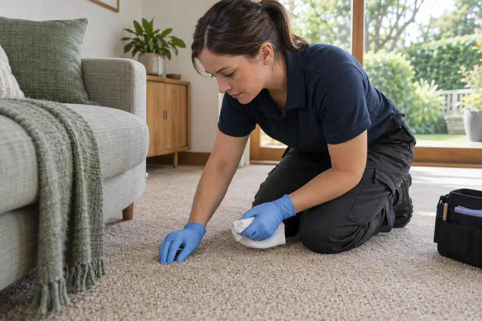 A cleaner inspecting carpet fibres before choosing the cleaning treatment