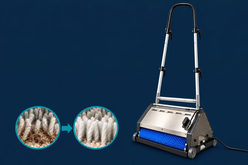 Counter-rotating brush machine with a close-up of carpet fibres before and after brushing