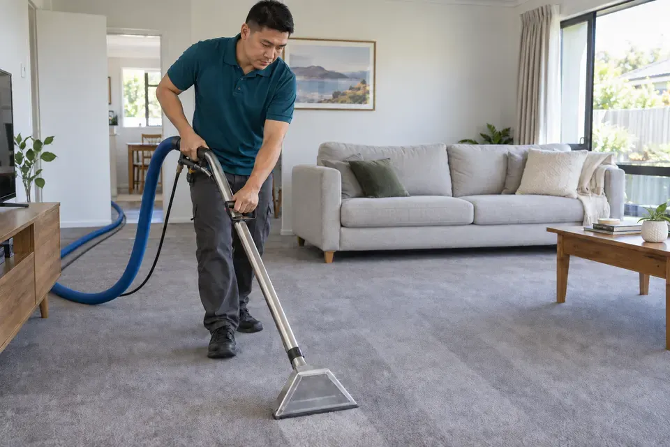 Hot-water extraction cleaning a living-room carpet