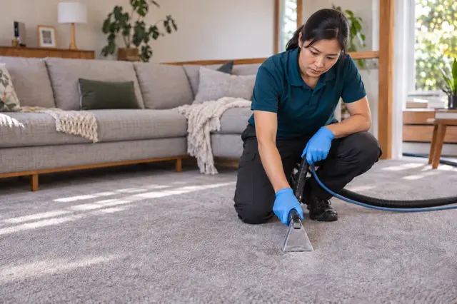 Technician treating a section of carpet by hand
