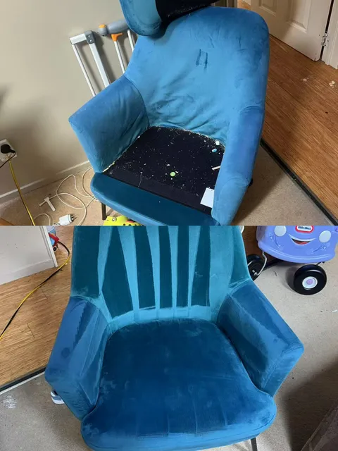 Two-panel blue armchair photograph, with the seat cushion removed above and in place below