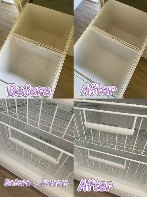 Before and after collage of storage containers and wire freezer baskets