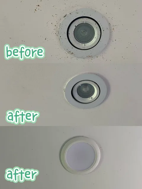 Three-panel ceiling comparison showing marks around a downlight before and subsequent after views