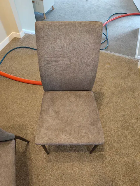 Upholstered dining chair on carpet beside extraction hoses