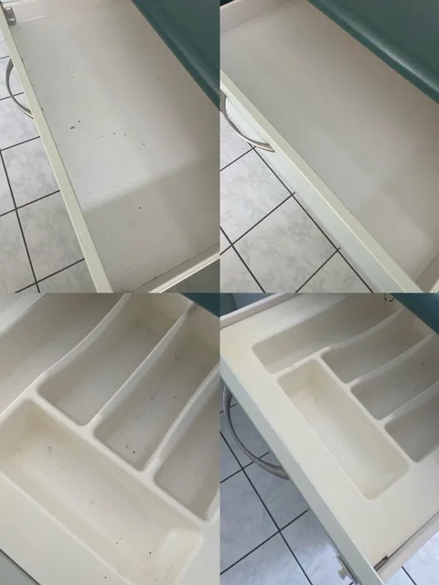 Four views of kitchen drawer interiors showing visible debris in the upper photographs and cleared drawers below