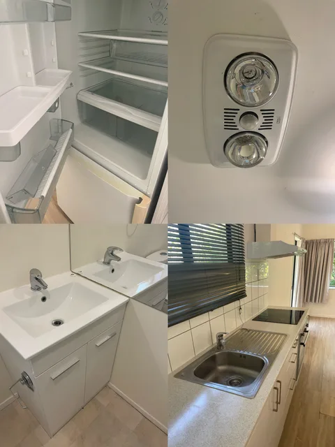 Finished views of refrigerator shelves, dishwasher interior, bathroom vanity and kitchen sink