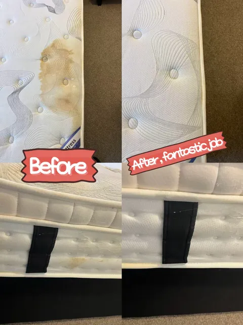 Original before-and-after collage of mattress surface and side-panel cleaning