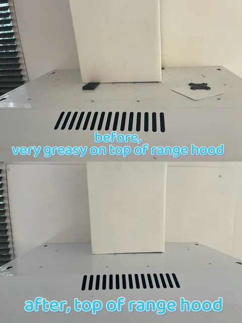 Rangehood top before and after cleaning, with dark residue visible in the upper before image