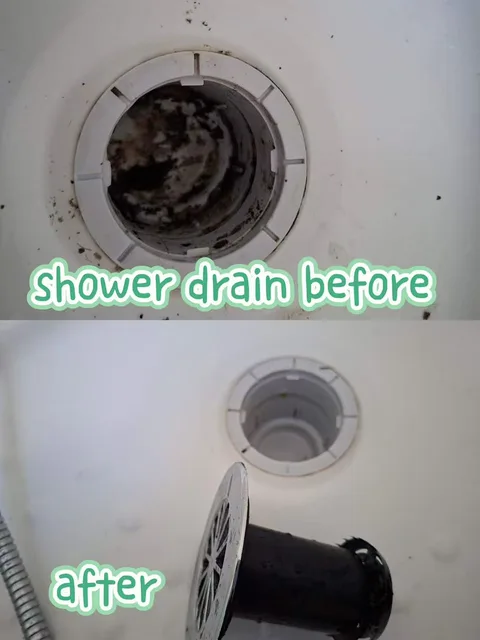Shower drain with visible debris before cleaning and a clearer opening after cleaning