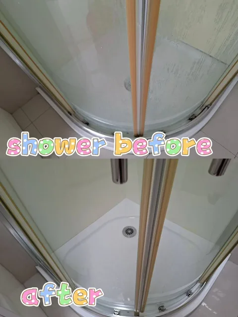 Shower enclosure and tray before and after cleaning with original labels