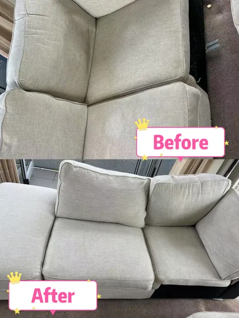 Light sofa cushions labelled Before above and After below