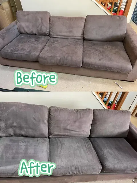 Grey sofa cushions in a labelled before-and-after collage