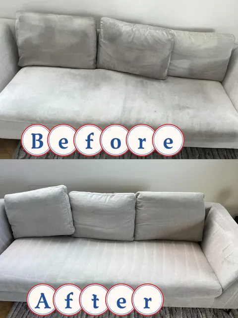 Light fabric sofa labelled Before in the upper photo and After in the lower photo