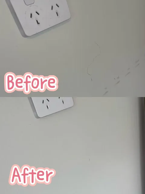 Wall near a power socket before and after cleaning, with fewer marks in the lower image